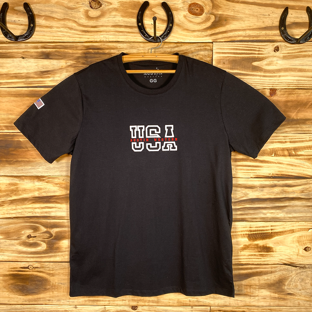 CAMISETA MASCULINA BORDADA AUSTIN WESTERN PRETA GG
